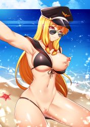 Rule 34 | bad id, bad pixiv id, beach, bikini, blonde hair, breasts, day, daydream (zhdkffk21), dungeon and fighter, female gunner (dungeon and fighter), hat, highleg, highleg bikini, highres, large breasts, looking over eyewear, looking over glasses, nipples, ocean, peaked cap, pussy, reaching, reaching towards viewer, red eyes, selfie, solo, starfish, stomach, sunglasses, swimsuit, tinted eyewear, uncensored, uniform