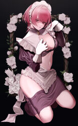 Rule 34 | 1girl, absurdres, apron, black background, black bra, black skirt, bra, breasts, commentary request, earrings, empty picture frame, flower, gloves, highres, jewelry, juliet sleeves, lace, lace-trimmed bra, lace trim, linea alba, long sleeves, looking at viewer, maid, maid apron, maid headdress, medium breasts, navel, original, parted lips, partially undressed, picture frame, pink eyes, pink hair, puffy sleeves, rose, shinonome nemu (nemulog sn), short hair, simple background, skirt, solo, underwear, white apron, white flower, white gloves, white rose