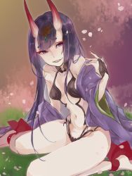 Rule 34 | 1girl, alternate hair length, alternate hairstyle, ankle bow, ankle ribbon, bad id, bad pixiv id, bare shoulders, bow, breasts, cherry blossoms, colored eyelashes, fate/grand order, fate (series), faux traditional media, fingernails, hair ornament, hikimayu, horns, leg ribbon, long fingernails, navel, off shoulder, petals, purple eyes, purple hair, revealing clothes, ribbon, sharp fingernails, shuten douji (fate), shuten douji (first ascension) (fate), sitting, skin-covered horns, small breasts, smile, solo, thick eyebrows, wariza, yukimiya yuge