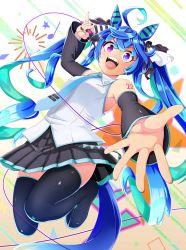 Rule 34 | 1girl, absurdres, ahoge, alternate costume, animal ears, armpit crease, black nails, blue eyes, boots, cosplay, detached sleeves, hatsune miku, hatsune miku (cosplay), heterochromia, highres, holding, holding microphone, horse ears, horse girl, horse tail, kantou rengou, long hair, looking at viewer, microphone, nail polish, open mouth, outstretched arm, purple eyes, sharp teeth, shirt, sleeveless, sleeveless shirt, solo, tail, teeth, thigh boots, twin turbo (umamusume), twintails, umamusume, very long hair, vocaloid