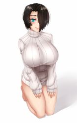 Rule 34 | 1girl, aqua eyes, bare legs, barefoot, black hair, breasts, commentary request, full body, hair over one eye, huge breasts, impossible clothes, impossible sweater, kneeling, looking at viewer, no pants, one-piece swimsuit, original, ribbed sweater, saya (twrlare), short hair, simple background, sleeves past wrists, smile, solo, sweater, swimsuit, turtleneck, turtleneck sweater, twrlare, white background, white one-piece swimsuit, white sweater