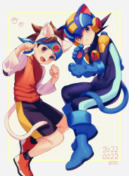 Rule 34 | 2boys, :d, animal ear fluff, animal ears, animal hands, artist name, black legwear, black shorts, blue footwear, blue headband, blue headwear, blurry, bodysuit, boots, brown eyes, brown hair, brown vest, cat day, cat ears, cat paws, cat tail, clenched hands, closed mouth, commentary request, dated, depth of field, fake animal ears, fake tail, fang, gloves, green eyes, grey background, hands up, happy, headband, helmet, highres, lan hikari (mega man), long sleeves, looking at viewer, male focus, mega man (series), mega man battle network, mega man battle network (series), megaman.exe, multiple boys, open mouth, paw gloves, paw print, paw print background, purple bodysuit, red footwear, shirt, shoes, short hair, shorts, side-by-side, skin fang, smile, sneakers, socks, spiked hair, tail, turtleneck, twitter username, vest, white shirt, zero-go