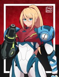 Rule 34 | 1girl, arm cannon, artist name, blonde hair, blue eyes, freydraws, frown, highres, looking at viewer, metroid, metroid dread, mole, mole under mouth, nintendo, ponytail, power suit, samus aran, solo, standing, weapon