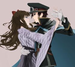 Rule 34 | 1boy, 1girl, alec (arc the lad), anrietta rochefort, arc the lad, arc the lad iii, black hair, black headwear, blue eyes, brown eyes, brown hair, cape, closed mouth, cofffee, curly hair, gloves, hat, highres, japanese clothes, long hair, military uniform, protected link, short hair, simple background, uniform