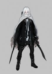 Rule 34 | 1girl, black footwear, black gloves, black jacket, black pantyhose, blue eyes, boots, cape, covered mouth, dual wielding, full body, gloves, grey background, hair between eyes, highres, holding, holding sword, holding weapon, jacket, legs apart, long sleeves, looking at viewer, original, pantyhose, shiroi suzume, short hair, simple background, solo, standing, sword, torn cape, torn clothes, weapon, white cape