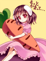 Rule 34 | 1girl, animal ears, bad id, bad pixiv id, carrot, dress, frown, gorota, gradient hair, hugging object, inaba tewi, knee up, looking at viewer, multicolored hair, pillow, pillow hug, pink dress, puffy short sleeves, puffy sleeves, rabbit ears, red eyes, short sleeves, simple background, sitting, solo, tears, touhou, yellow background