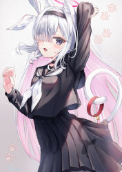 Rule 34 | 1girl, animal ears, blue archive, bow, cat ears, grey eyes, hair bow, hairband, highres, long sleeves, looking at viewer, mashilon, multicolored hair, open mouth, plana (blue archive), solo, two-tone hair, white hair