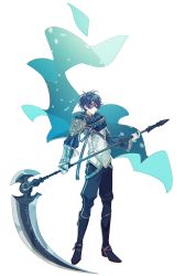 Rule 34 | 1boy, black hair, full body, highres, holding, holding weapon, long sleeves, looking to the side, mahoutsukai no yakusoku, male focus, naruta iyo, pants, red eyes, scarf, scythe, shino sherwood, short hair, solo, weapon, white background