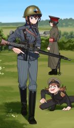Rule 34 | 1boy, 2girls, absurdres, all fours, armband, bipod, black hair, boots, brown hair, commentary, drooling, english commentary, field, gun, hearts of iron, helmet, highres, holding, holding gun, holding weapon, komi-san wa komyushou desu, komi shouko, long hair, looking at viewer, machine gun, mg42, military, military uniform, multiple girls, name connection, outdoors, pzkpfwi, russia, shoulder boards, sky, tadano hitohito, the new order: last days of europe, trigger discipline, uniform, weapon, yamai ren