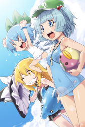 Rule 34 | &gt; &lt;, 3girls, blonde hair, blue eyes, blue hair, bow, braid, cirno, cloud, day, dolphin, closed eyes, hair bobbles, hair bow, hair ornament, hat, highres, kappa, kawashiro nitori, kei jiei, key, kirisame marisa, long hair, multiple girls, one-piece swimsuit, one eye closed, open mouth, school swimsuit, short hair, sky, smile, sparkle, swimsuit, touhou, twintails, two side up, wings, wink, witch hat, yellow eyes