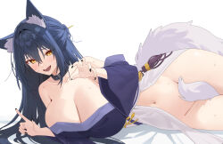 Rule 34 | 1girl, animal ear fluff, animal ears, black hair, black nails, blunt bangs, breasts, cleavage, clothing cutout, commission, dress, fox ears, fox tail, highres, large breasts, long hair, long sleeves, looking at viewer, lying, meettheton, navel, on side, open mouth, orange eyes, original, shoulder cutout, sidelocks, simple background, smile, solo, tail, white background, white fur