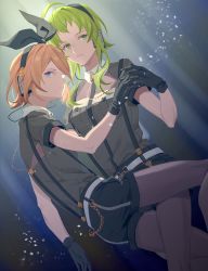 Rule 34 | 2girls, black bow, black gloves, black shorts, blonde hair, blue eyes, bow, cable, chain, commentary, gloves, green eyes, green hair, grey shirt, gumi, hair bow, holding hands, headphones, highres, kagamine rin, matching outfits, multiple girls, pantyhose, shirt, short sleeves, shorts, spotlight, suspender shorts, suspenders, vocaloid, wounds404