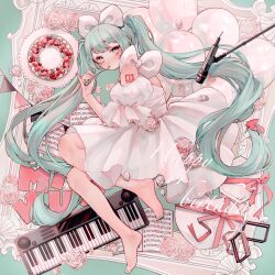 Rule 34 | 1girl, aqua hair, cake, dress, flower, food, fork, frilled sleeves, frills, full body, happy birthday, hatsune miku, heart, highres, holding, holding fork, instrument, long hair, looking at viewer, original, piano, plate, puffy sleeves, ribbon, rose, shiiro illust, solo, twintails, very long hair, white dress, white flower, white rose