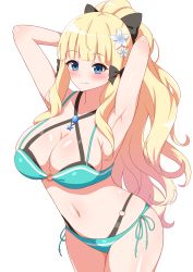 Rule 34 | 1girl, absurdres, aikome (haikome), aqua bikini, armpits, arms behind head, arms up, bare shoulders, bikini, black bikini, black bow, blonde hair, blue eyes, blunt bangs, blush, bow, breasts, cleavage, closed mouth, collarbone, criss-cross halter, elf, flower, hair bow, hair flower, hair ornament, halterneck, highres, large breasts, layered bikini, long hair, looking at viewer, navel, o-ring, pointy ears, ponytail, princess connect!, saren (princess connect!), saren (summer) (princess connect!), shiny skin, side-tie bikini bottom, sidelocks, simple background, smile, solo, split mouth, swimsuit, thighs, white background