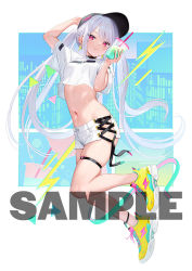 Rule 34 | 1girl, black choker, black hat, blush, breasts, choker, crop top, crop top overhang, earrings, full body, hat, holding, jewelry, long hair, looking at viewer, mignon, navel, original, pink eyes, sample watermark, second-party source, shirt, shoes, short shorts, short sleeves, shorts, side-tie shorts, skindentation, small breasts, smile, sneakers, solo, stomach, thigh strap, thighs, twintails, very long hair, watermark, white hair, white shirt, white shorts