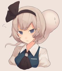 Rule 34 | 1girl, :t, bad id, bad pixiv id, beige background, black hairband, black ribbon, blue eyes, hair ribbon, hairband, konpaku youmu, konpaku youmu (ghost), looking at viewer, pout, ribbon, short hair, simple background, solo, touhou, upper body, white hair, yuusei tsukiro