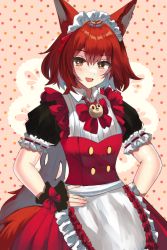 Rule 34 | 1girl, alternate costume, animal ears, apron, arknights, blue sealad, bow, enmaided, flametail (arknights), hands on own hips, highres, maid, maid apron, maid headdress, orange eyes, polka dot, polka dot background, red hair, squirrel ears, squirrel tail, tail, wrist cuffs