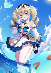 Rule 34 | &gt; &lt;, 1girl, barbara (genshin impact), blonde hair, blue eyes, bow, bowtie, cross, dress, drill hair, frilled dress, frilled skirt, frills, genshin impact, hair ornament, hat, highres, open mouth, revision, skirt, sky, slime, smile, solo, twin drills, twintails, wangqi, water, white dress, white legwear, wings
