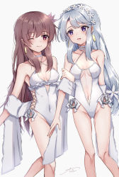 Rule 34 | 2girls, alternate costume, anchor ornament, asymmetrical bangs, breasts, brown eyes, brown hair, casual one-piece swimsuit, covered navel, frilled one-piece swimsuit, frilled swimsuit, frills, grey hair, highleg, highleg swimsuit, highres, ice cream (aisu aisu 9898), kantai collection, kisaragi (kancolle), long hair, multiple girls, navel, official alternate costume, one-piece swimsuit, one eye closed, purple eyes, sagiri (kancolle), shawl, side-tie swimsuit, small breasts, swept bangs, swimsuit, takao (azur lane), takao (beach rhapsody) (azur lane), white one-piece swimsuit, white shawl