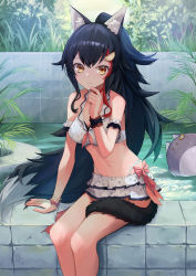 Rule 34 | 1girl, absurdres, animal ear fluff, animal ears, arm garter, arm support, bangle, bare arms, bare legs, bikini, bikini skirt, black hair, black tail, blush, bracelet, breasts, closed mouth, day, feet out of frame, finger to mouth, frilled skirt, frills, hair flaps, hair ornament, heart, heart print, highres, hololive, jewelry, layered skirt, legs together, long hair, looking at viewer, medium breasts, miniskirt, multicolored hair, navel, ookami mio, outdoors, plant, ponytail, red hair, sidelocks, sitting, skirt, smile, solo, stomach, streaked hair, swimsuit, tail, tail around own leg, thighs, very long hair, virtual youtuber, white bikini, white skirt, wolf ears, wolf girl, wolf tail, wrist cuffs, yellow eyes, yellow takano