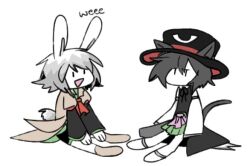 Rule 34 | 2others, animal ears, black coat, black hair, black headwear, black ribbon, black shorts, brown coat, cat ears, cat tail, coat, colored skin, commentary request, detached sleeves, ears through headwear, enraku tsubakura, grey hair, hat, houlen yabusame, kemonomimi mode, len&#039;en, ling s, long sleeves, miniskirt, multiple others, neck ribbon, no mouth, no nose, open mouth, other focus, pleated skirt, rabbit ears, rabbit tail, ribbon, short hair, shorts, simple background, sitting, sketch, skirt, sleeveless, sleeveless coat, sleeves past fingers, sleeves past wrists, smile, tail, white background, white skin, white sleeves