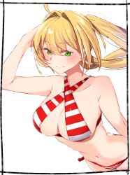 Rule 34 | 1girl, ahoge, bikini, blonde hair, breasts, butt crack, closed mouth, fate/grand order, fate (series), green eyes, hair intakes, halterneck, highres, kei (soundcross), large breasts, light smile, long hair, looking at viewer, navel, nero claudius (fate), nero claudius (fate) (all), nero claudius (swimsuit caster) (fate), side-tie bikini bottom, simple background, solo, striped bikini, striped clothes, swimsuit, twintails, white background