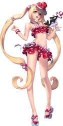 Rule 34 | 1girl, :d, alternate costume, bare legs, bare shoulders, bikini, bikini skirt, blonde hair, bracelet, breasts, chaos online, feet, flat chest, frilled bikini, frills, full body, green eyes, hair ornament, halterneck, highres, jewelry, long hair, love cacao, navel, official art, open mouth, polka dot, polka dot bikini, polka dot swimsuit, red bikini, roller skates, sandals, skates, small breasts, smile, solo, standing, swimsuit, toes, transparent background, twintails, tyria (chaos online), very long hair, visor cap, water gun