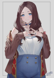 Rule 34 | absurdres, blue choker, blue eyes, blue pants, breasts, brown hair, brown jacket, casual, choker, earrings, fate/grand order, fate (series), forehead, highres, jacket, jewelry, large breasts, leonardo da vinci (fate), light smile, long sleeves, medium hair, milephunter, own hands together, pants, shirt, shirt tucked in, simple background, single earring, spade (shape), spade earrings, tank top, white shirt, white tank top, wide hips