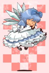 Rule 34 | 1girl, alice (alice in wonderland), alice (alice in wonderland) (cosplay), alice in wonderland, alternate costume, blue dress, blue hair, blush stickers, bow, checkered background, cirno, closed eyes, cosplay, dress, embellished costume, frills, gathers, hair bow, jumping, lolita fashion, mary janes, onikobe rin, shoes, short hair, smile, solo, touhou, wings