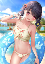 Rule 34 | 1girl, :d, bare arms, bare shoulders, bikini, black hair, blurry, blurry background, blush, breasts, brown bikini, collarbone, commentary request, day, depth of field, floral print, fukumaru koito, hair ribbon, halterneck, hand up, head tilt, highres, idolmaster, idolmaster shiny colors, innertube, looking at viewer, monaka curl, navel, open mouth, orange ribbon, outdoors, print bikini, purple eyes, ribbon, small breasts, smile, solo, standing, striped ribbon, swim ring, swimsuit, twintails