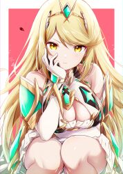 Rule 34 | 1girl, arm guards, bare legs, bare shoulders, blonde hair, breasts, chest jewel, cleavage, core crystal (xenoblade), dangle earrings, dress, drop earrings, earrings, gem, gloves, headpiece, highres, jewelry, large breasts, long hair, looking at viewer, microdress, mythra (xenoblade), pout, solo, swept bangs, tiara, ui frara, xenoblade chronicles (series), xenoblade chronicles 2, yellow eyes