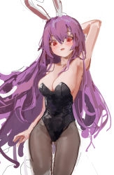 Rule 34 | 1girl, :o, animal ears, arm behind head, arm up, armpits, black pantyhose, blush, breasts, cowboy shot, hair between eyes, highres, large breasts, leotard, long hair, looking at viewer, pantyhose, playboy bunny, purple hair, rabbit ears, red eyes, reddizen, reisen udongein inaba, simple background, tagme, thighs, touhou, very long hair, white background