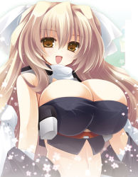 Rule 34 | 1girl, :d, aoi kimi, bad id, bad pixiv id, breasts, brown eyes, brown hair, cleavage, crop top, flower, kannon ouji, kannonouji, kyoukaisenjou no horizon, large breasts, long hair, navel, open mouth, smile, solo