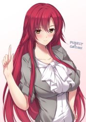 Rule 34 | 1girl, ayase touka, blazer, blush, breasts, copyright name, hand on own hip, index finger raised, jacket, large breasts, long hair, looking at viewer, minamon (vittel221), nail polish, purely x cation, red hair, smile, solo, very long hair