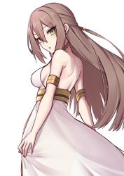 Rule 34 | 1girl, adele (fate), armlet, bare shoulders, breasts, brown hair, dress, elfenlied22, fate/grand order, fate (series), green eyes, hair between eyes, jewelry, long hair, looking at viewer, looking back, medium breasts, neck ring, parted lips, sideboob, simple background, solo, underbust, very long hair, white background, white dress