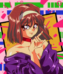 Rule 34 | 1990s (style), 1girl, bare shoulders, breasts, brown hair, cleavage, collarbone, headband, highres, kanzaki sumire, large breasts, looking to the side, mole, mole under eye, pointing, potiri02, red eyes, retro artstyle, sakura taisen, short hair, smile, solo, white headband