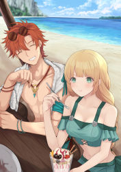 Rule 34 | 1boy, 1girl, :t, ^ ^, absurdres, bare shoulders, beach, bikini, blonde hair, blue sky, blush, breasts, cleavage, closed eyes, closed mouth, cloud, commentary request, day, eating, eyewear on head, fire emblem, fire emblem: three houses, fire emblem heroes, flower, food, green bikini, green eyes, grin, hair flower, hair ornament, hand up, highres, holding, holding spoon, ice cream, ingrid brandl galatea, jewelry, long hair, medium breasts, navel, necklace, nintendo, off-shoulder bikini, off shoulder, outdoors, plate, red hair, shimizu akina, short hair, sitting, sky, smile, spoon, stomach, sundae, sunglasses, swimsuit, sylvain jose gautier, topless male, water