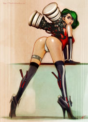 Rule 34 | 1girl, arm support, ass, bare shoulders, black footwear, black gloves, boots, bottomless, breasts, cyborg, elbow gloves, full body, gloves, green hair, high heels, highres, leaning forward, legs, looking at viewer, looking back, mechanical wings, medium breasts, original, panchok, partially visible vulva, red eyes, science fiction, shoes, solo, standing, thigh boots, thighhighs, watermark, web address, wings