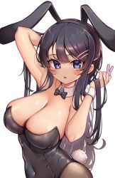 Rule 34 | 1girl, animal ears, black hair, black leotard, blush, bow, bowtie, breasts, cleavage, covered navel, detached collar, fake animal ears, hair ornament, hairclip, hands up, highres, holding, kaptivate, large breasts, leotard, long hair, looking at viewer, open mouth, pantyhose, playboy bunny, purple eyes, rabbit ears, rabbit hair ornament, sakurajima mai, seishun buta yarou, simple background, solo, upper body, white background, wrist cuffs