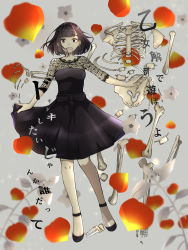 Rule 34 | 1girl, :d, black bow, black dress, black eyes, black hair, bone, bow, chinese lantern (plant), dress, dress bow, flower, full body, grey background, highres, looking at viewer, medium hair, mole, mole under eye, open mouth, otome kaibou (vocaloid), pale skin, petals, ronmeru, skeleton, skirt hold, smile, solo, standing, vocaloid