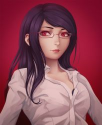Rule 34 | 1girl, breasts, closed mouth, commentary, english commentary, glasses, highres, kamishiro rize, lipstick, long hair, looking at viewer, makeup, miura-n315, purple hair, realistic, red eyes, semi-rimless eyewear, shirt, simple background, solo, tokyo ghoul