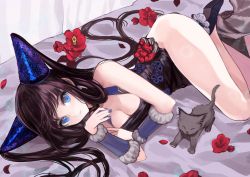 Rule 34 | 1girl, absurdres, bare shoulders, black dress, black footwear, blue eyes, blunt bangs, blush, breasts, cat, china dress, chinese clothes, cleavage, detached sleeves, dress, fate/grand order, fate (series), flower, hair ornament, high heels, highres, kitten, kogasaka, large breasts, long hair, looking at viewer, lying, on side, parted lips, petals, purple hair, sidelocks, solo, thighs, twintails, very long hair, yang guifei (fate), yang guifei (second ascension) (fate)