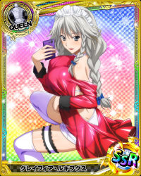Rule 34 | 1girl, braid, breasts, card (medium), cellphone, character name, chess piece, closed mouth, grayfia lucifuge, grey eyes, grey hair, high school dxd, large breasts, lipstick, long hair, looking at viewer, maid headdress, makeup, official art, phone, queen (chess), red lips, see-through, smartphone, smile, solo, thighhighs, trading card, twin braids, white thighhighs