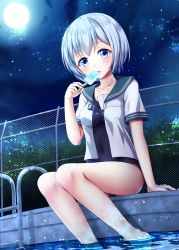 Rule 34 | 1girl, absurdres, arm support, bare legs, barefoot, blue eyes, blush, breasts, bush, chain-link fence, collarbone, commentary request, dutch angle, fence, food, full moon, highres, holding, holding food, huge filesize, looking at viewer, medium breasts, moe2018, moon, night, night sky, omoomomo, open clothes, open shirt, original, outdoors, parted lips, pool, pool ladder, poolside, popsicle, revision, school swimsuit, school uniform, serafuku, shirt, short hair, short sleeves, silver hair, sitting, sky, soaking feet, solo, star (sky), starry sky, swimsuit, swimsuit under clothes, water, white shirt