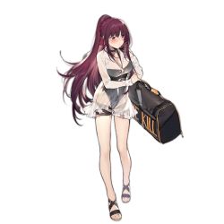 Rule 34 | 1girl, bag, bare legs, black one-piece swimsuit, blush, braid, breasts, casual one-piece swimsuit, choker, cleavage, closed mouth, crown braid, duoyuanjun, full body, girls&#039; frontline, hair ribbon, half-closed eyes, halterneck, large breasts, long hair, looking away, official alternate costume, official art, one-piece swimsuit, ponytail, purple hair, ribbon, sandals, see-through, shoulder bag, solo, swimsuit, thigh strap, transparent background, tsurime, very long hair, wa2000 (girls&#039; frontline), wa2000 (op. manta ray) (girls&#039; frontline)