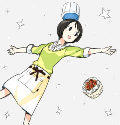 Rule 34 | 1girl, apron, black hair, breasts, cake, chef hat, dropping, food, happy, hat, hiwatari, ikeda keisuke, lowres, open mouth, shimau, short hair, shorts, simple background, sleeves rolled up, small breasts, smile, solo, star (symbol), yotsubato!