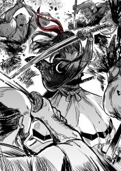 Rule 34 | 1girl, 4boys, arm up, armor, arms up, bald, battle, beard, blocking, blood, bow, death, decapitation, facial hair, fighting stance, floating hair, greyscale, hair bow, hakama, highres, holding, holding sword, holding weapon, isekai samurai, japanese armor, japanese clothes, katana, kimono, kote, long hair, looking at viewer, monochrome, multiple boys, open mouth, ponytail, red bow, red pupils, samurai, sanpaku, scar, scar on face, scar on nose, smile, spot color, standing, sword, tomoenage (fpjm9ojkncuqttx), topknot, tsukitsuba ginko, two-handed, v-shaped eyebrows, weapon, wide sleeves, yukata