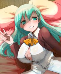Rule 34 | 10s, 1girl, aqua eyes, aqua hair, bad id, bad twitter id, bed, blazer, blush, breasts, bursting breasts, cleavage, female focus, grin, hair ornament, hairclip, han (jackpot), huge breasts, jacket, kantai collection, long hair, lying, no bra, pillow, smile, solo, striped, striped background, suzuya (kancolle), sweat, unbuttoned, v