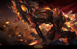 Rule 34 | 1boy, alternate costume, armor, axe, black eyes, black hair, blurry, blurry background, chest armor, clenched hands, covered mouth, darius (league of legends), dreadnova darius, explosion, fighting, fighting stance, flaming weapon, highres, jojo, league of legends, logo, loincloth, looking to the side, male focus, manly, mask, mature male, muscular, muscular male, official art, shoulder armor, solo, undercut, weapon