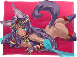 Rule 34 | 1girl, animal ears, aqua eyes, ass, back, breasts, cleavage, dark-skinned female, dark skin, elbow gloves, fate/grand order, fate (series), gloves, hair ornament, highres, long hair, looking at viewer, lying, on stomach, purple hair, purple thighhighs, queen of sheba (fate), smile, solo, suzuki24, tail, thighhighs